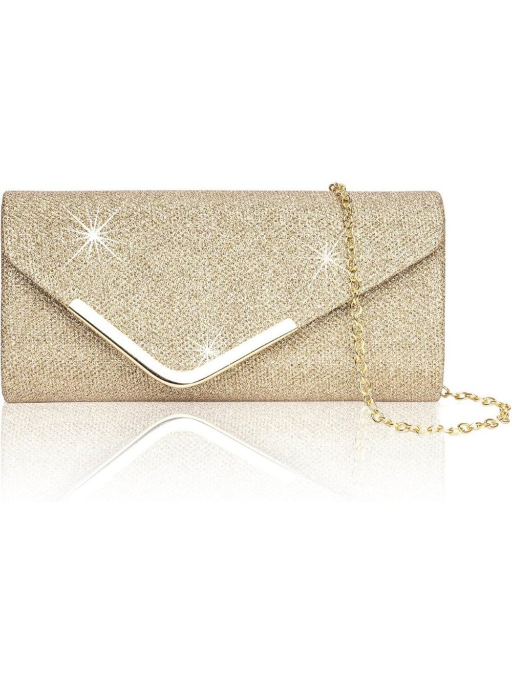 Women's Champagne Clutch Purses Shiny Sequin Envelope Chain Evening Bag
